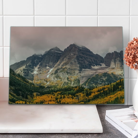 Fall Cutting Board, Idyllic Mountain Snowy Peaks and Clouds in the Sky on High Valley Print, Decorative Tempered Glass Cutting and Serving Board, Large Size, Multicolor, by Ambesonne