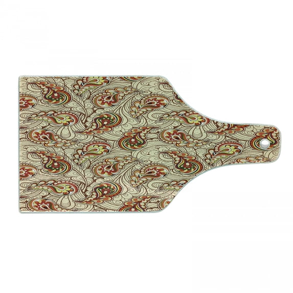Fall Cutting Board, Leaves in Paisley Design Folkloric Art Original Culture Inspired Motif, Decorative Tempered Glass Cutting and Serving Board, Wine Bottle Shape, Red Beige, by Ambesonne