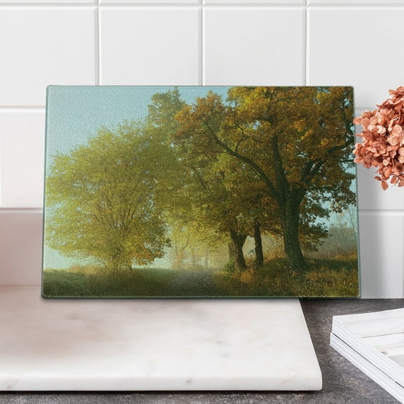 Fall Cutting Board, Rural Landscape on a Misty Foggy Scenic Morning in Countryside Set Idyllic Theme, Decorative Tempered Glass Cutting and Serving Board, Small Size, Green Yellow, by Ambesonne