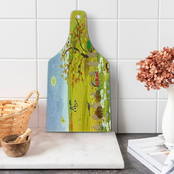 Fall Cutting Board, Rural Scenery with Sun Butterflies Birds and Daisies on Field Concept, Decorative Tempered Glass Cutting and Serving Board, Wine Bottle Shape, Multicolor, by Ambesonne