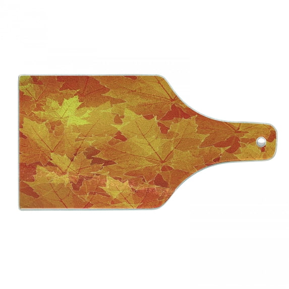 Fall Cutting Board, Seasonal Maple Tree Leaves Botanical Foliage Vibrant Floral Forest Texture Image, Tempered Glass Cutting and Serving Board, Wine Bottle Shape, Orange Yellow, by Ambesonne