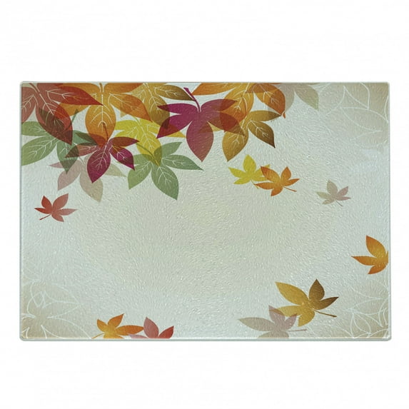 Fall Cutting Board, Silhouettes of Maple Tree Leaves in Pastel Colors Classical Shady Nature Graphic Image, Decorative Tempered Glass Cutting and Serving Board, Small Size, Multicolor, by Ambesonne