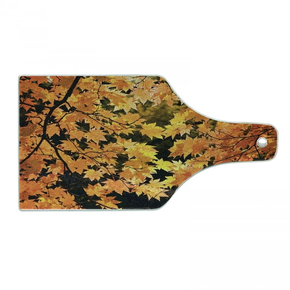 Fall Cutting Board, Vibrant Leaves of Autumn Maple Tree Branches with Sunbeams Seasonal Nature, Tempered Glass Cutting and Serving Board, Wine Bottle Shape, Orange Yellow Brown, by Ambesonne
