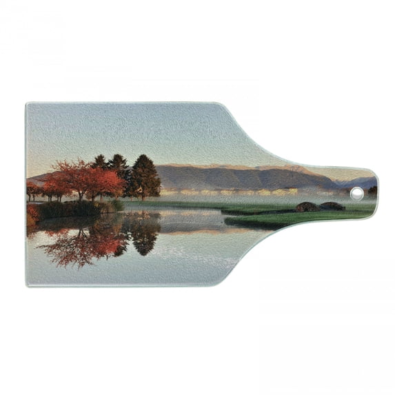 Fall Cutting Board, Vibrant Maple and Pine Trees Reflection Stone Bridge over Creek Fog Houses and Hills, Tempered Glass Cutting and Serving Board, Wine Bottle Shape, Multicolor, by Ambesonne