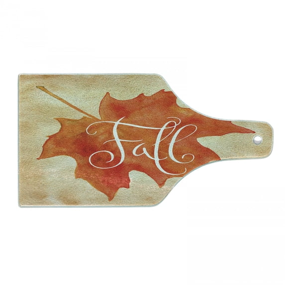 Fall Cutting Board, Vivid Watercolor Style Maple Leaf Fall Word on Vintage Backdrop, Decorative Tempered Glass Cutting and Serving Board, Wine Bottle Shape, Orange Pale Brown White, by Ambesonne