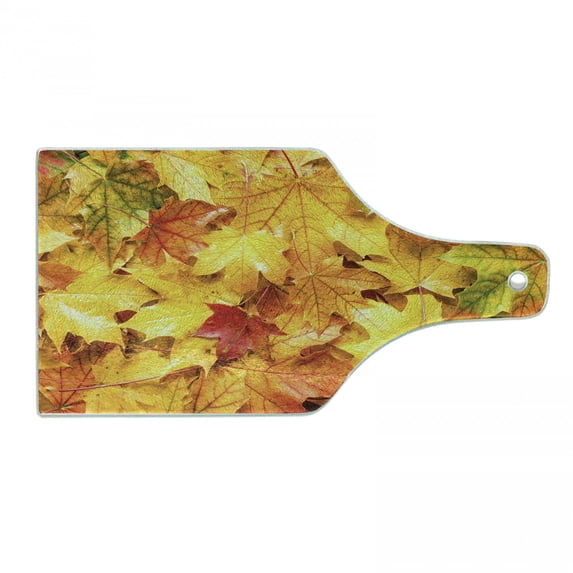Fall Cutting Board, Wet Fall Leaves in Rainy Weather Maple Tree Nature in November Change of Seasons Theme, Tempered Glass Cutting and Serving Board, Wine Bottle Shape, Multicolor, by Ambesonne