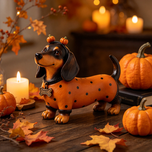 Fall Dachshund Pumpkin Dog Figurine Decor, Thanksgiving Dog Statue,Gift for Dog Lovers,Resin Dachshund Figurine Indoor Space with Seasonal Charm Living Room Mantel Tabletop, Shelf Display