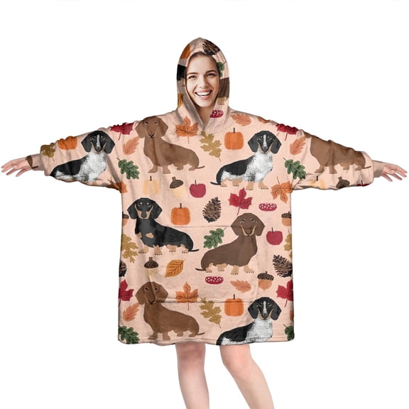 Fall Dachshund and Pumpkin Wearable Oversized Blanket,Wearable Blanket Hoodie for Adults,Cozy Hooded Blankets with Super Pockets,Super Warm Fuzzy Pullover for Women & Men
