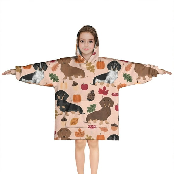 Fall Dachshund and Pumpkin Blanket Hoodies for Kids 6-13YR Oversize Wearable Blanket Hoodies for Boys Girls Teens