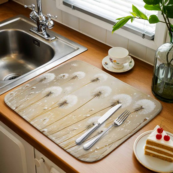 Fall Dandelion Kitchen Drying Mat 1 Pack, Rustic Watercolor White Dandelions Plant Vintage Absorbent Dish Drying Mat Drying Pad Drainer for Kitchen Counter Sink 16 X 18 Inch, Machine Washable
