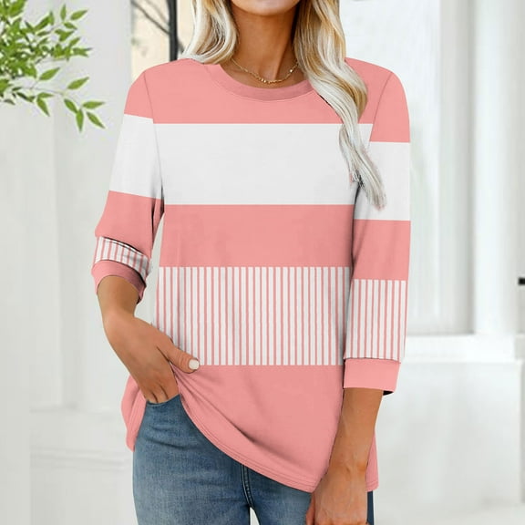 Kctiaxy Pink 3/4 Sleeve Tops for Women Fashion Cre W Neck Graphic Print T Shirt Causal Loose Summer Fall Trendy Vacation Trave L Blouse