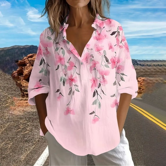 Kctiaxy Pink Long Sleeve Shirts for Women Fashion Printed Button Down Shirt Blouse Turndown Collar Causal Loose Beach Vacation Tops
