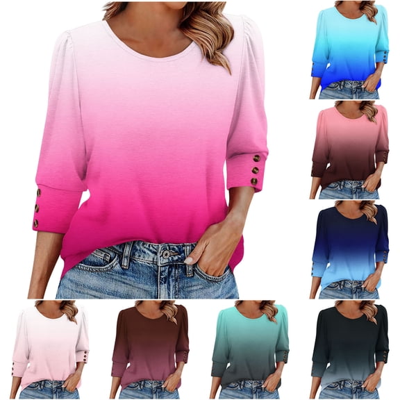 Kctiaxy Pink Womens 3/4 Sleeve Tops Fashion Round Neck Graphic Print T Shirt Causal Loose Summer Fall Trendy Vacation Trave L Blouse