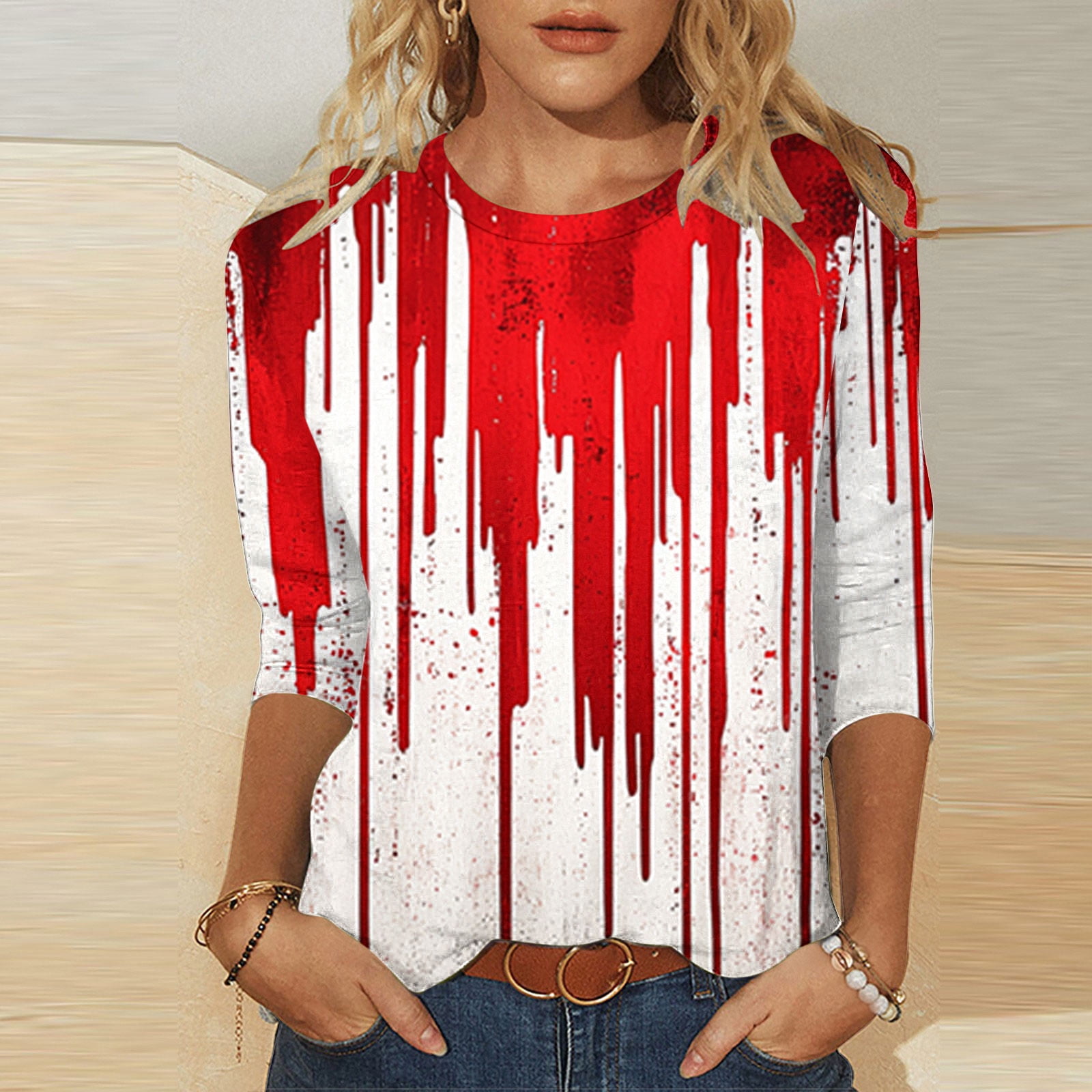 Fall Deal! Kctiaxy Red 3/4 Length Sleeve Womens Tops Fall Fashion 2025 ...