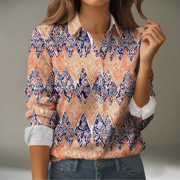 Kctiaxy Red Long Sleeve Tops for Women Fashion Vintage Printed Button Down Shirts Blouse Turndown Collar Causal Loose Beach Vacation Tops