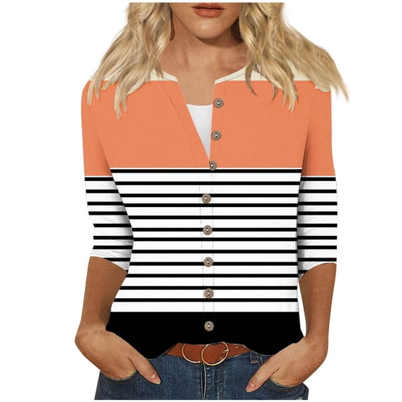Fall Stylish Olyvenn Women's Color Block Tunic Striped 3/4 Sleeve Button Up V Neck Loose Fit Tunic Tops Blouses Orange 6