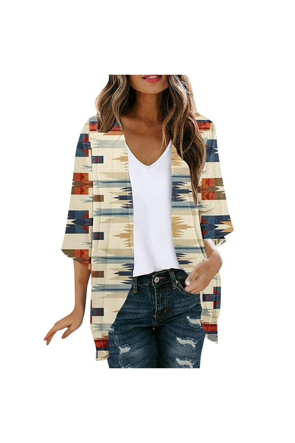 Fall Stylish Olyvenn Women's Loose Kimono Cardigan 3/4 Sleeve Open Front Lightweight Ethnic Print Outwear Tops Cardigan Sweaters with Pockets Khaki 8