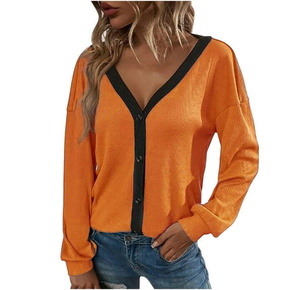 Fall Deals 2024 Olyvenn Women's V-Neck Long Sleeve Button Down Ribbed Knitted Cardigan Sweater Tops Contrast Color Slim Fit Basic Outwear Orange 8