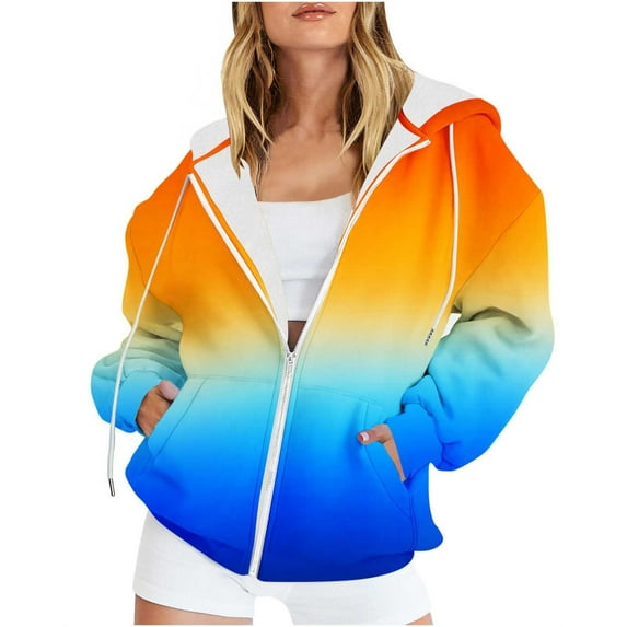 Fall Stylish Olyvenn Women's Winter Gradient Color Fuzzy Fleece Zip Up Hooded Sweatshirt Outwear Oversized Warm Sherpa Jacket Coat with Pockets Orange 10