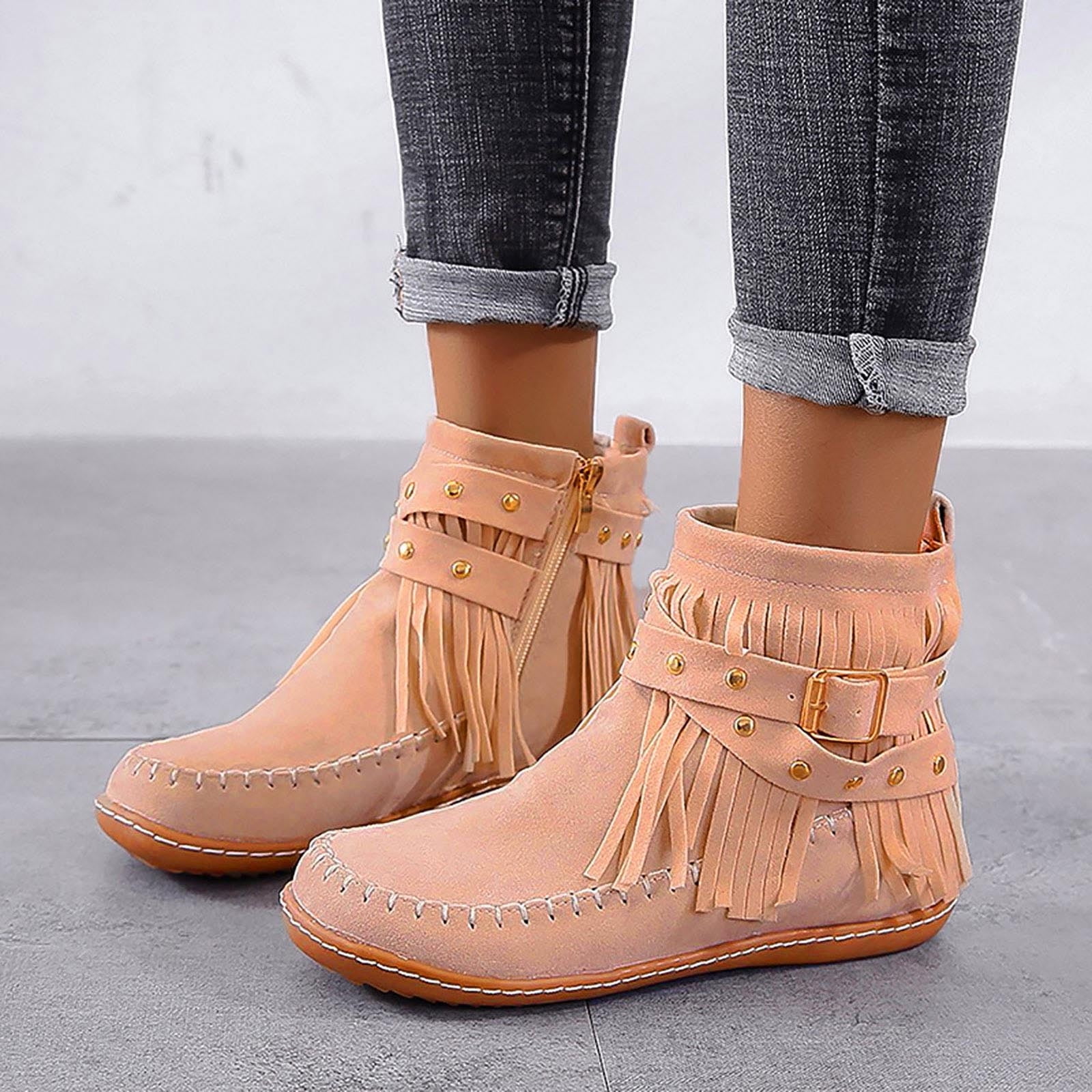 Fall Deals Juebong Women s Round Head Side Zipper Ankle Booties Solid Color Flat Heel Tassel Low Tube Tassel Boot