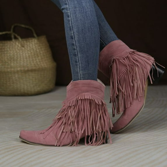 Fall Deals Juebong Women's Vintage Tassels Up Short Boots Midheel Boots Shoes Cowboy Boots Modern Western Cowboy Distressed Boot