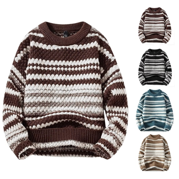 Fall Deals! Kctiaxy Black Mens Sweater Fall Fashion Crew Neck Pullover Knitted Sweater Causal Striped Print Long Sleeve Loose Warm Sweater