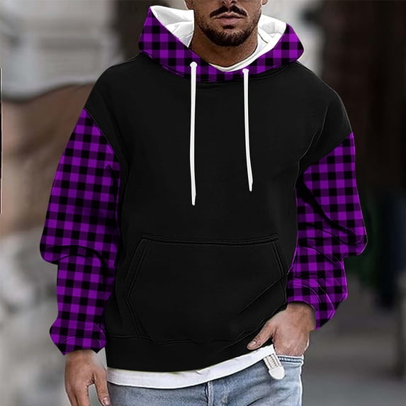 Fall Deals Men's Fleece Lined Hoodie Casual Plaid Long Sleeve Winter Warm Drop Shoulder Pullover Hooded Sweatshirt