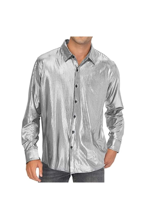 Men's Vintage Sequin Glitter Shirts Long Sleeve Turn-Down Collar Button-Up Shirt Solid Party Dress Shirts
