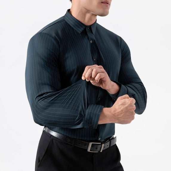 Mens Business Casual Dress Shirts Long Sleeve Button Down Collar Striped 4-Way Stretch Wrinkle Free Office Shirt