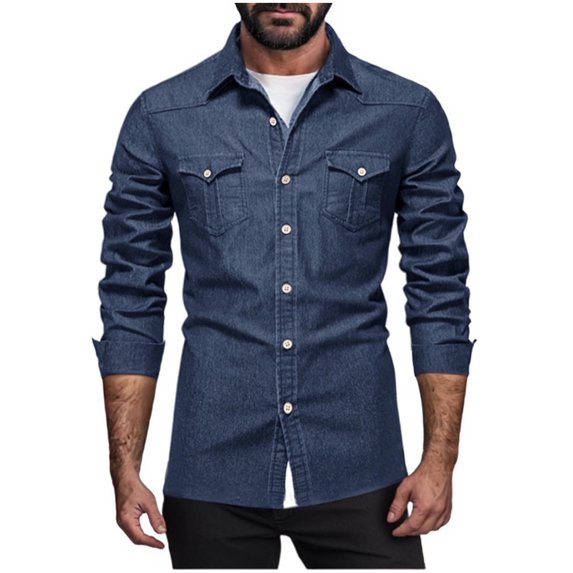 Under $10 Denim Shirts for Men Long Sleeve Button Down T-Shirts with Two Pockets Classic Fit Work Tops Vintage Western Clothes
