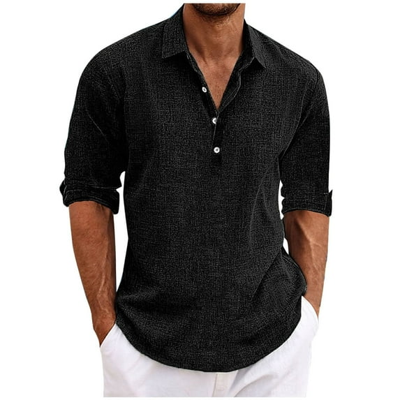 Under $10 Men Cotton Linen Shirt 1/4 Button Laple Long Sleeve Henley Shirt Summer Casual Fashion Loose Breathable Beach Blosue