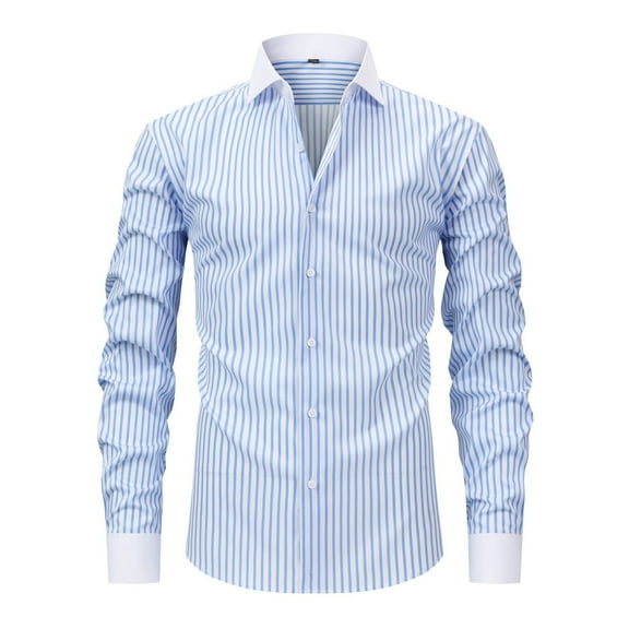 Under $10 Men's Vertical Striped Dress Shirt Lapel Contrast Button Down Shirt Long Sleeve Business Work Blouse