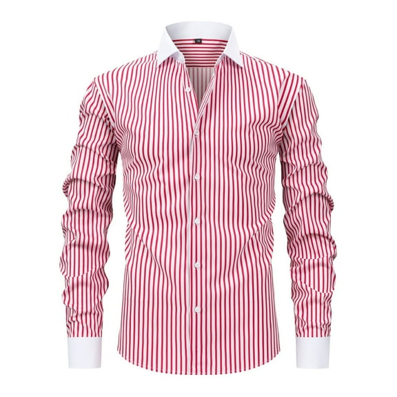 Under $10 Men's Vertical Striped Dress Shirt Lapel Contrast Button Down Shirt Long Sleeve Business Work Blouse