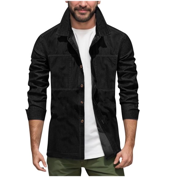 Under $10 Mens Cowboy Denim Shirt - Western Cargo Jean Shirt Workwear with Long Sleeve