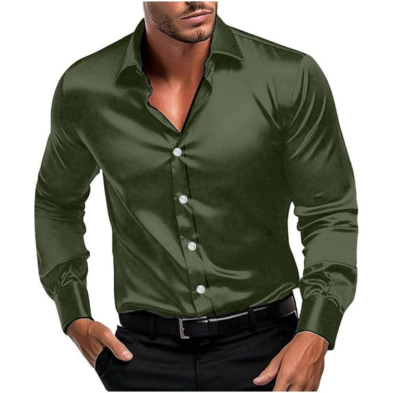 Under $10 Mens Fashion Satin Button Down Shirts Party Prom Blouses Lapel Long Sleeve Lightweight Thin Dress Shirt