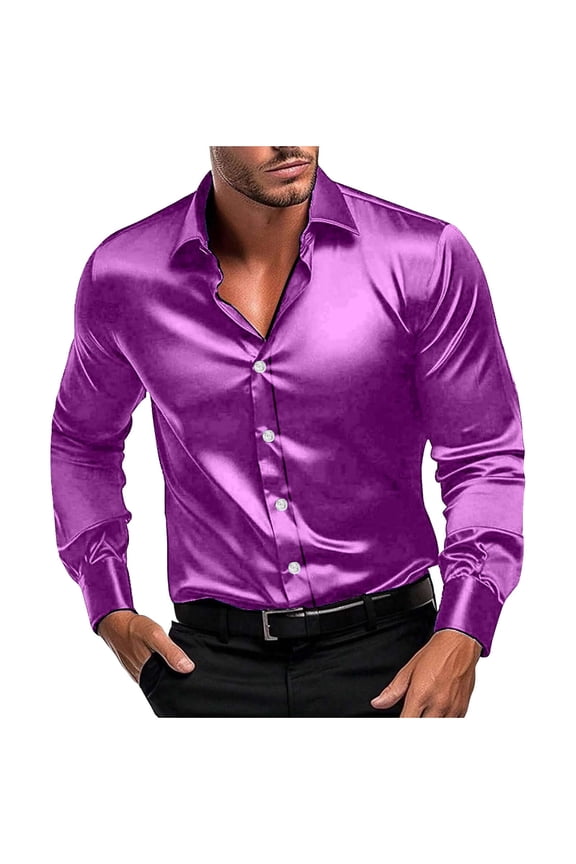 Under $10 Mens Fashion Satin Button Down Shirts Party Prom Blouses Lapel Long Sleeve Lightweight Thin Dress Shirt