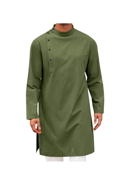 Under $10 Mens Kaftan Thobe Robe Long Sleeve Cotton Henley Shirt Casual Muslim Gown Salwar Kurta