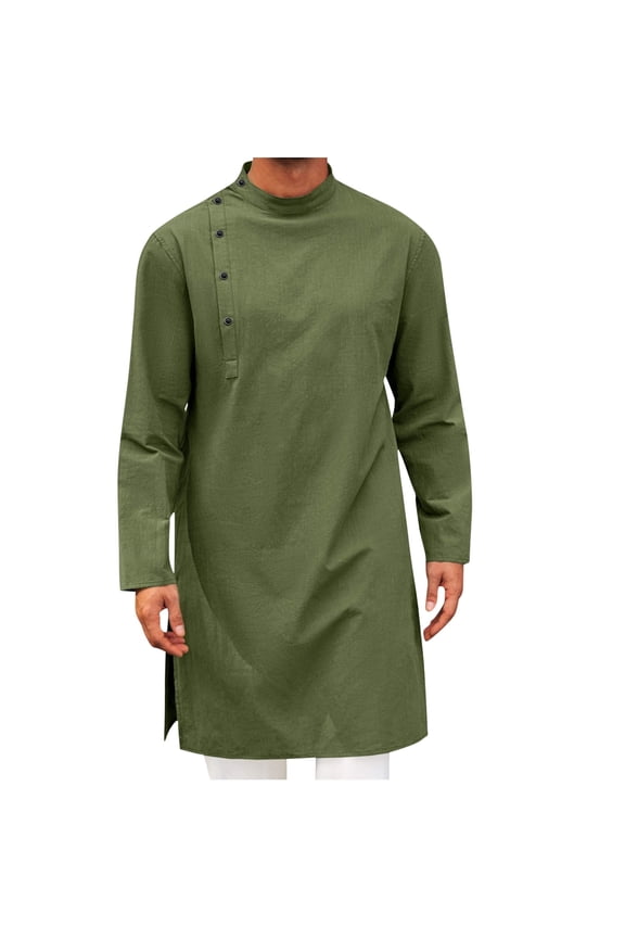 Under $10 Mens Kaftan Thobe Robe Long Sleeve Cotton Henley Shirt Casual Muslim Gown Salwar Kurta