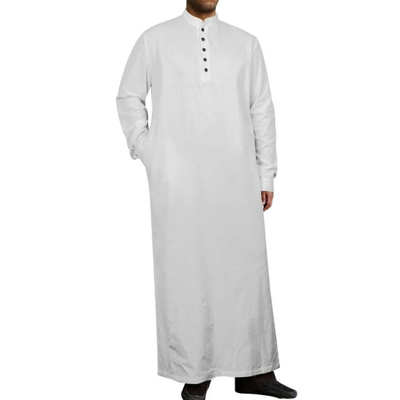 Fall Deals Under $10 Muslim Thobe for Men Kaftan with Pockets Button Down Long Gown Men's Arab Thobe Long Sleeve