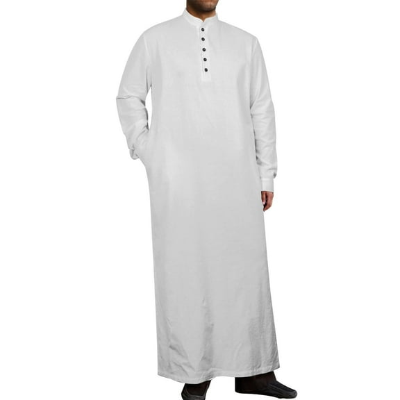 Under $10 Muslim Thobe for Men Kaftan with Pockets Button Down Long Gown Men's Arab Thobe Long Sleeve