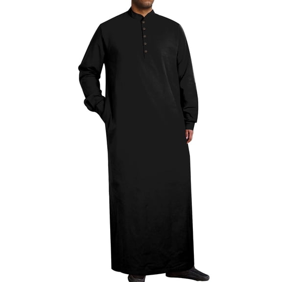Under $10 Muslim Thobe for Men Kaftan with Pockets Button Down Long Gown Men's Arab Thobe Long Sleeve