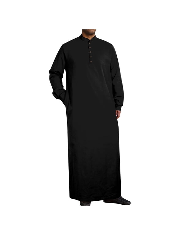 Under $10 Muslim Thobe for Men Kaftan with Pockets Button Down Long Gown Men's Arab Thobe Long Sleeve