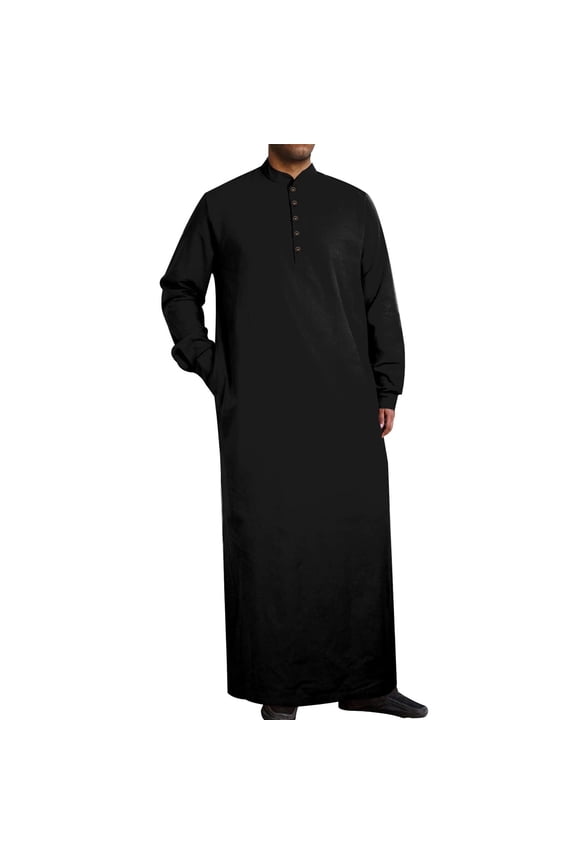Under $10 Muslim Thobe for Men Kaftan with Pockets Button Down Long Gown Men's Arab Thobe Long Sleeve