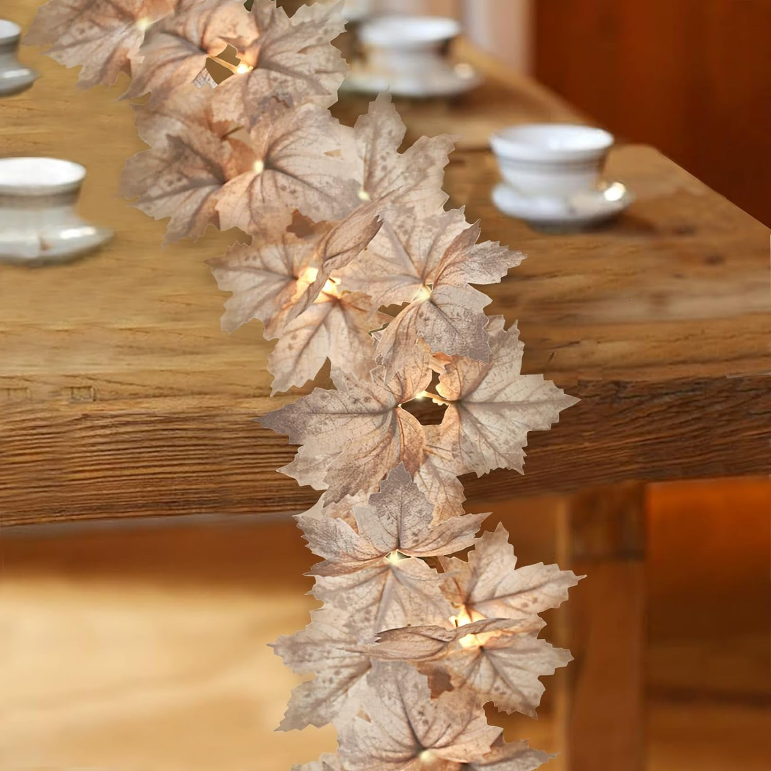 Fall Decor - 2 Pack Fall Garland with Lights - 8.2Ft Autumn Maples Leaf lighted Garland - Thanksgiving Mantle Fireplace Farmhouse Harvest Decorations for Home Porch Table Centerpieces Outdoor Indoor