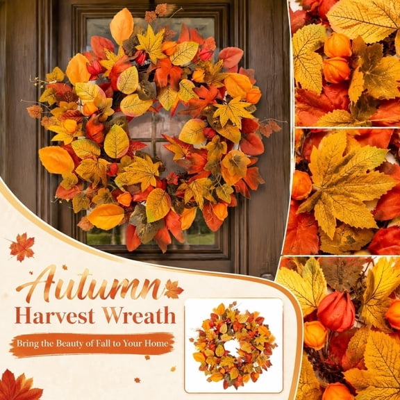 Fall Decor, 20 Inch Artificial Maple Leaf Physalis Autumn Wreath, Fall Front Door Decor, Rustic Farmhouse Fall Decor, Harvest Seasonal Hanging Wreath for Front Porch, Wall,