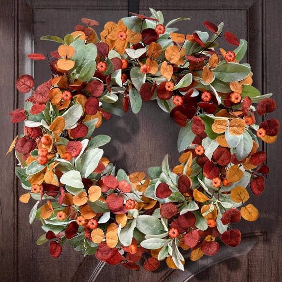 Fall Decor, 22 Inch Fall Wreaths for Front Door, Autumn Door Wreath with Lambs Ears Leave Eucalyptus Leaves Pumpkin Thanksgiving Harvest Halloween Farmhouse Home Porch Indoor Decor(2 PCS)