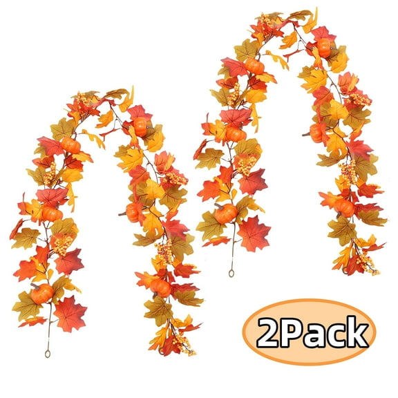 Thanksgiving  Maple Leaf Garland Artificial Hanging Leave Vines with Berries Pumpkin 5.7ft for Home Thanksgiving Dinner Fireplace Door (orange)
