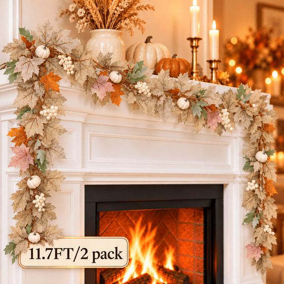 Artificial Fall Maple Leaf Garland with Berries Pumpkin 5.7ft for Home Thanksgiving Dinner Fireplace Door (White 2pack)
