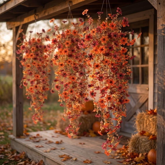 Fall Decor Artificial Fake Hanging Flowers, 2 Pcs Silk Fake Flowers Realistic Daisy Mums UV Resistant Faux Silk Flowers Fall Decoration for Home Garden Porch