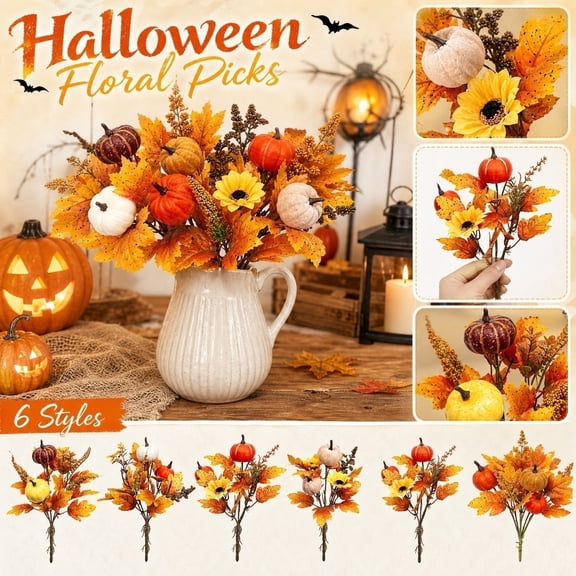 Fall Decor, Artificial Fall Leaf Stems, Fall Floral Arrangement, Halloween Pumpkin Decorations, 14X10 Inch 35Cm Artificial Maple Leaf Dried Pumpkin Faux Floral Pick for Indoor